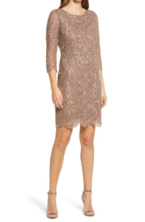 Pisarro Nights Dresses & Skirts - Pisarro Nights Beaded Sequin Embroidered Cocktail Dress Long Sleeve Tan Size 8